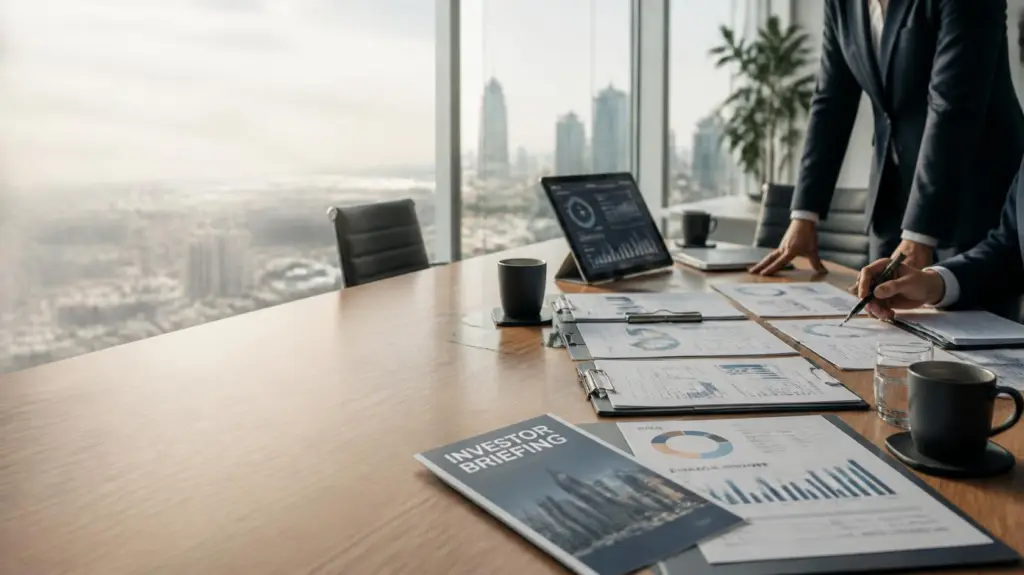 A sophisticated boardroom table with printed financial reports, charts, KPI dashboards, and investor briefing documents. Subtle presence of executives reviewing materials. Board & Investor Reporting: What Sellers and Buyers Both Need to Prepare