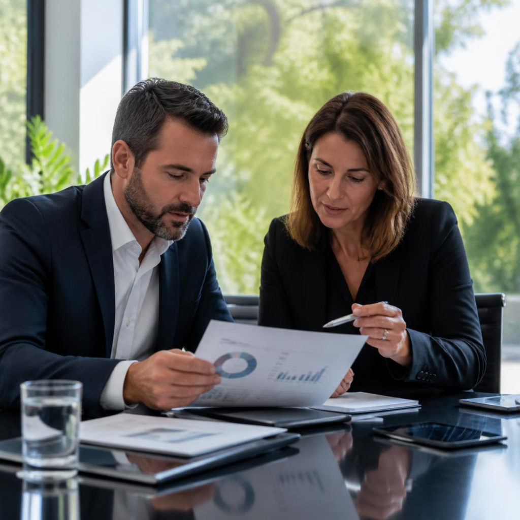 Executives reviewing financial statements for sell-side and buy-side Quality of Earnings analysis